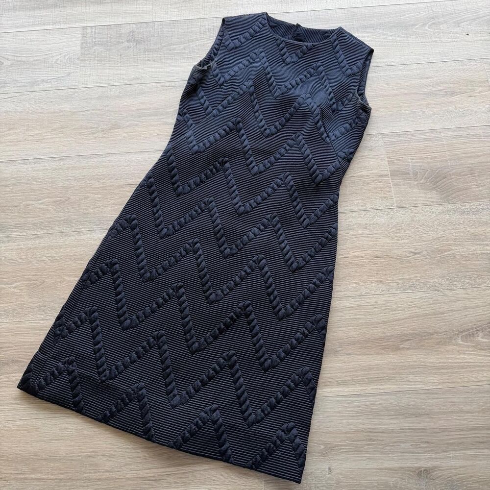 Vintage Handmade Navy Blue Brocade Chevron Satin Shift Dress Women's sz 6 OOAK